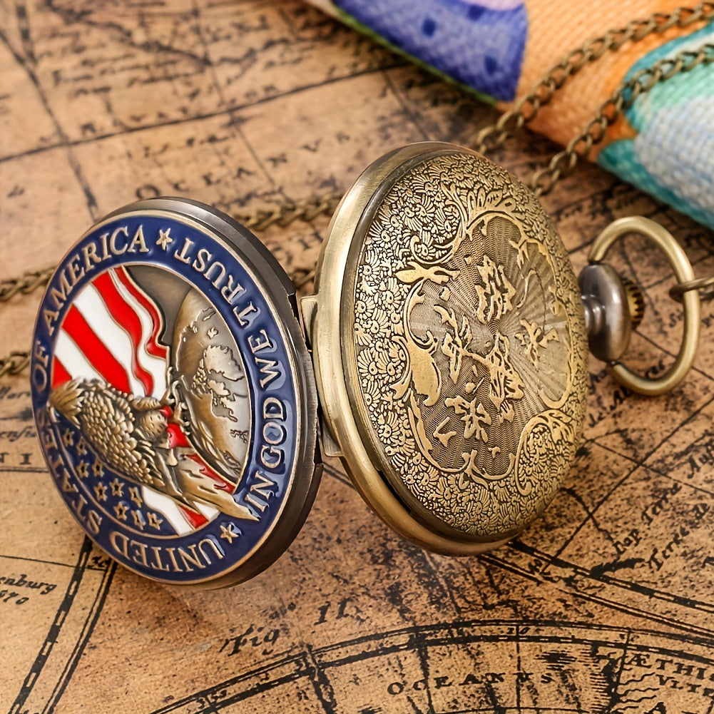 Vintage USA Flag Eagle Embossed Quartz Pocket Watch - Independence Day Souvenir Gift