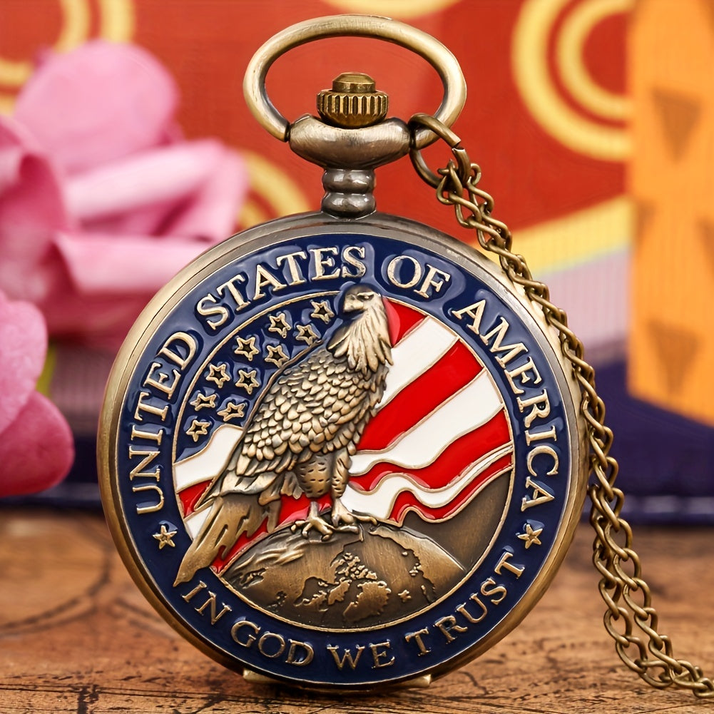 Vintage USA Flag Eagle Embossed Quartz Pocket Watch - Independence Day Souvenir Gift