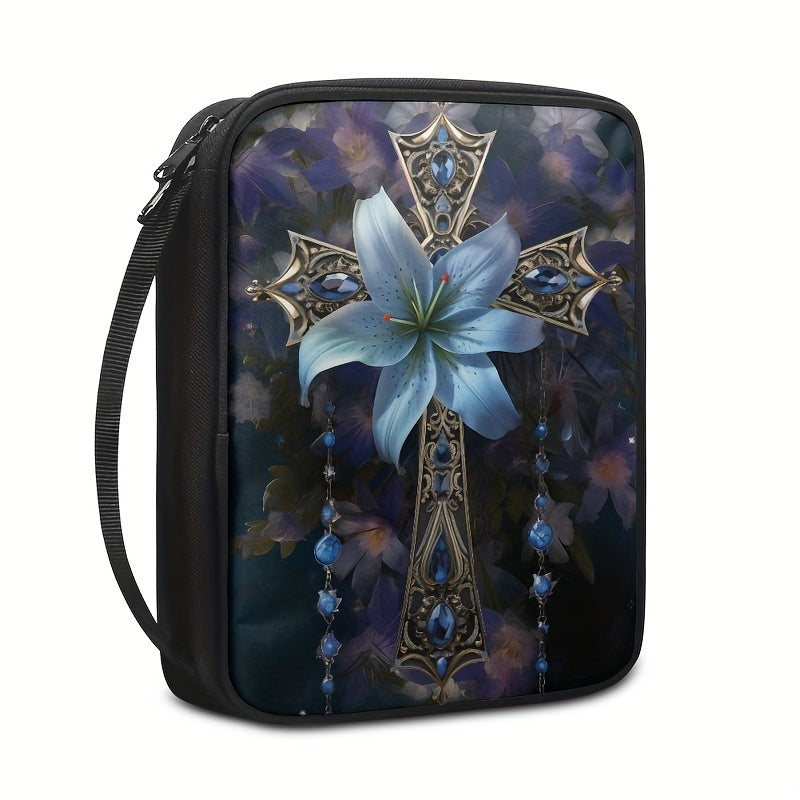 1pc Blue Flower Cross Bible Cover, Faux Leather Bible Carry Bag With Handles And Zipper, Bible Tote Bag For School Office Travel, Bible Accessories