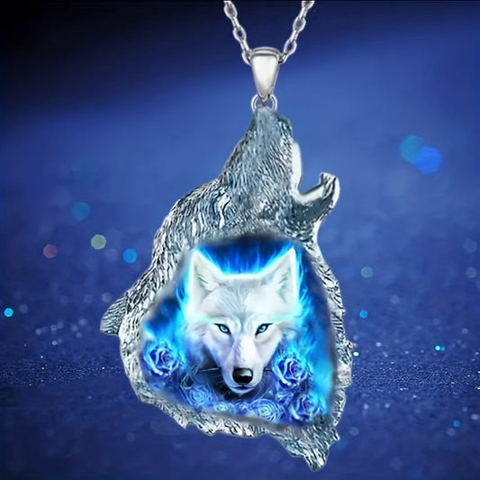 Wolf Head Rose Flower Pendant Necklace - Couple Holiday Party Gift for Men and Women