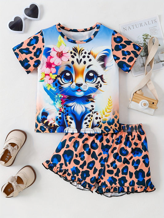 3D Tiger Animal Print Girls 2PCS Short Sleeve Color Block T-Shirt + Matching Shorts Fashion Set For Everyday Summer Going Out