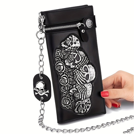 Skull Studded Men's Long Wallet with Chain - Hip Hop Biker Style, Vintage PU Leather Purse and Card Holder