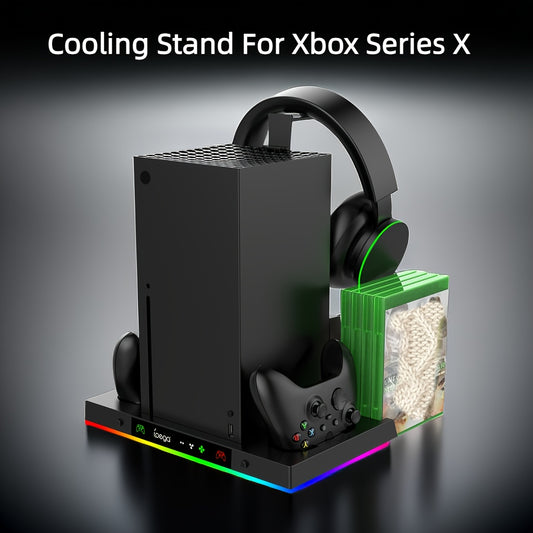 Xbox Series X Cooling Stand with Controller Charger, Headphone Hook, Game Discs Card Slot, RGB Light, and Double Fan