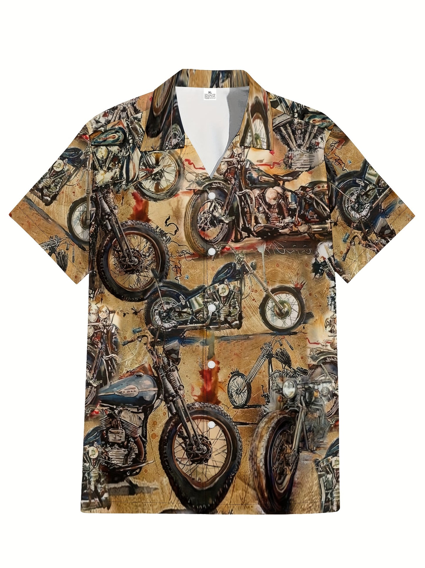 Vintage Motorcycle Pattern Men's Short Sleeve Button Down Shirt, Summer Outdoor Streetwear