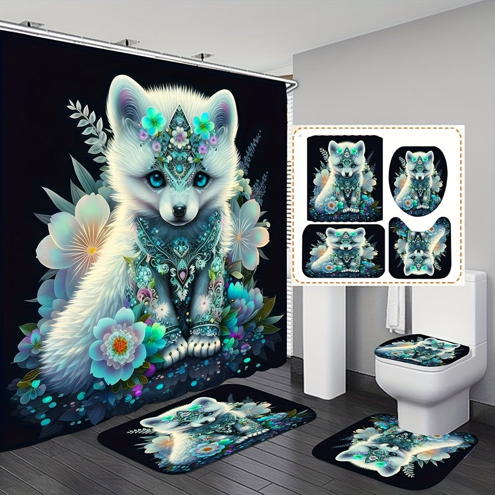 4pcs Beautiful Fox Decoration Shower Curtain Set, Waterproof Shower Curtain With 12 Hooks, Non-Slip Bathroom Rug, Toilet U-Shape Mat, Toilet Lid Cover Pad, Bathroom Decor