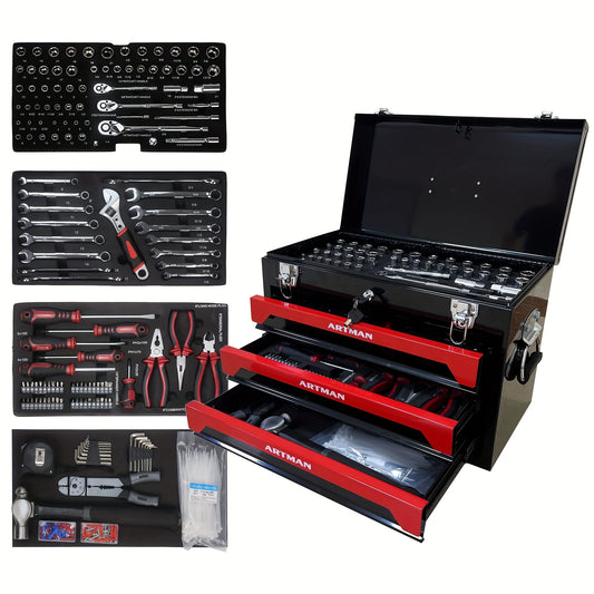 439pcs ARTMAN Mechanic Tool Set, 4-Tier Workshop Toolbox Kit With Impact Sockets, Wrench Sets, Ratchet Set And 3 Drawers, Universal Home Repair Tool Kit For Garage And Home Maintenance, Classic Red Style, 19.7x10.6x16.7 Inches