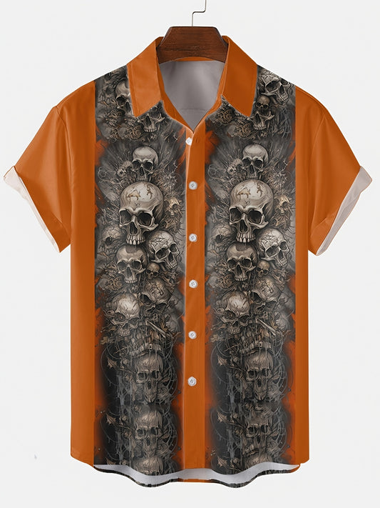 Men's Halloween Skull Pattern Short Sleeve Shirt - Trendy Color Block Design for a Spooky Style