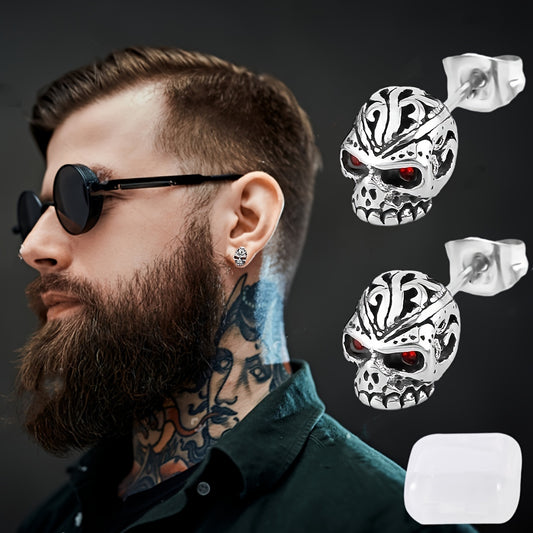 1 Pair Gothic Red Cubic Zirconia Eyes Carved Skull Stud Earrings For Men, With Storage Box, Hip Hop Punk Earrings, For Birthday & Valentine's Day Gift