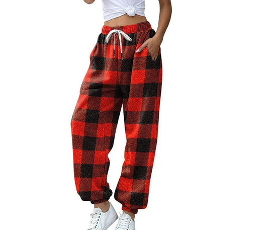 Red Plaid Printed Elastic Waistband Casual Pants with Pockets