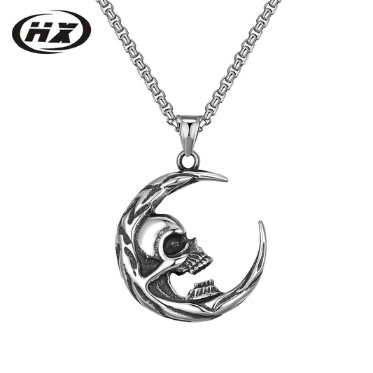 2021 cross-border new fashion trend creative personality titanium steel retro hip hiph month tooth Skull men's necklace