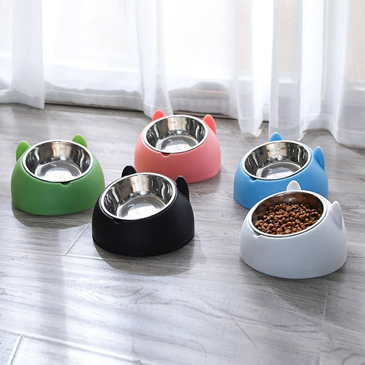 Stainless steel cat bowl dog bowl double bowl protection cervical vertebra oblique mouth explosion pet food bowl pet supplies