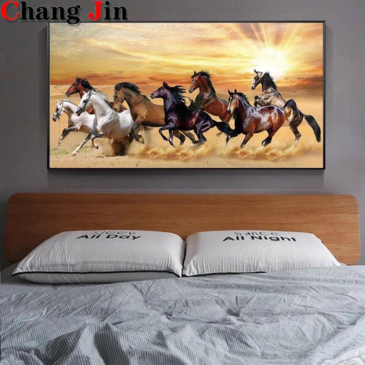 New Modern Large 7 White Running Horses Diamond Painting Diy Cross Stitch Full Drill Diamond Mosaic Embroidery Home Decor Gifts