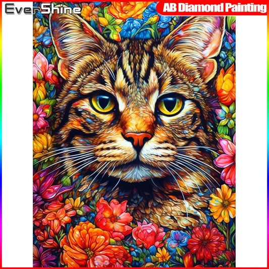 Evershine Full Square Diamond Painting Cat Diamond Mosaic Animal AB Drill Embroidery Flower Rhinestones Cross Stitch Wall Art