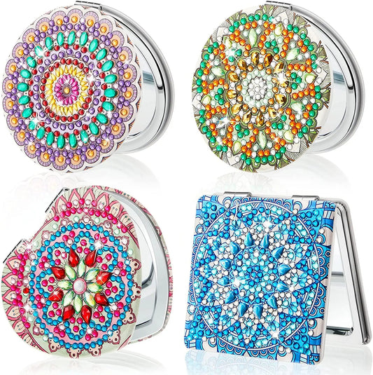 1pc/Set DIY Mandala Diamond Painting Mirror Compact Leather Portable Folding Mirrors for Women Diamond Art Mirror Kit for Adults