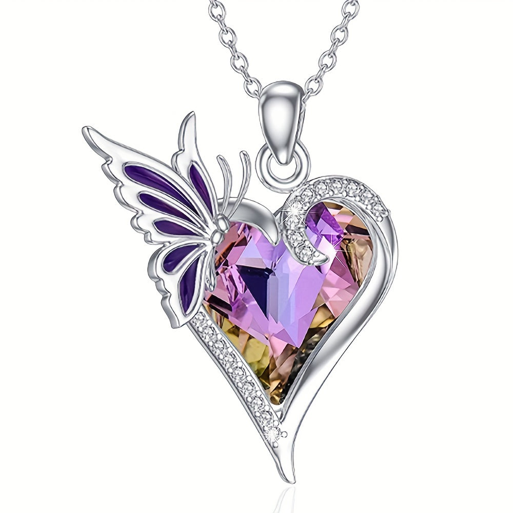 Elegant Heart-Shaped Purple Crystal Butterfly Pendant Necklace - Perfect Gift for Women and Friends