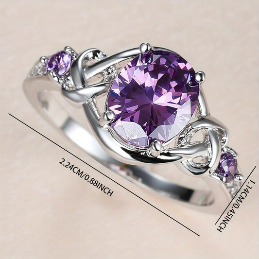 Elegant Purple Zircon Engagement Ring with Mystic Cross Design - Perfect for Brides and Romantic Occasions