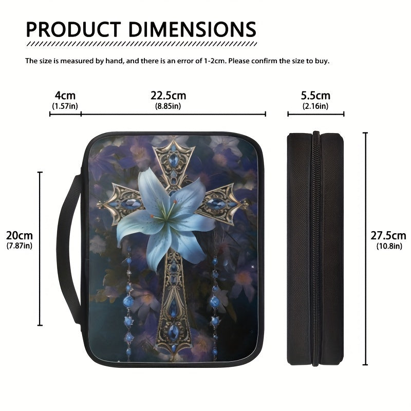 1pc Blue Flower Cross Bible Cover, Faux Leather Bible Carry Bag With Handles And Zipper, Bible Tote Bag For School Office Travel, Bible Accessories