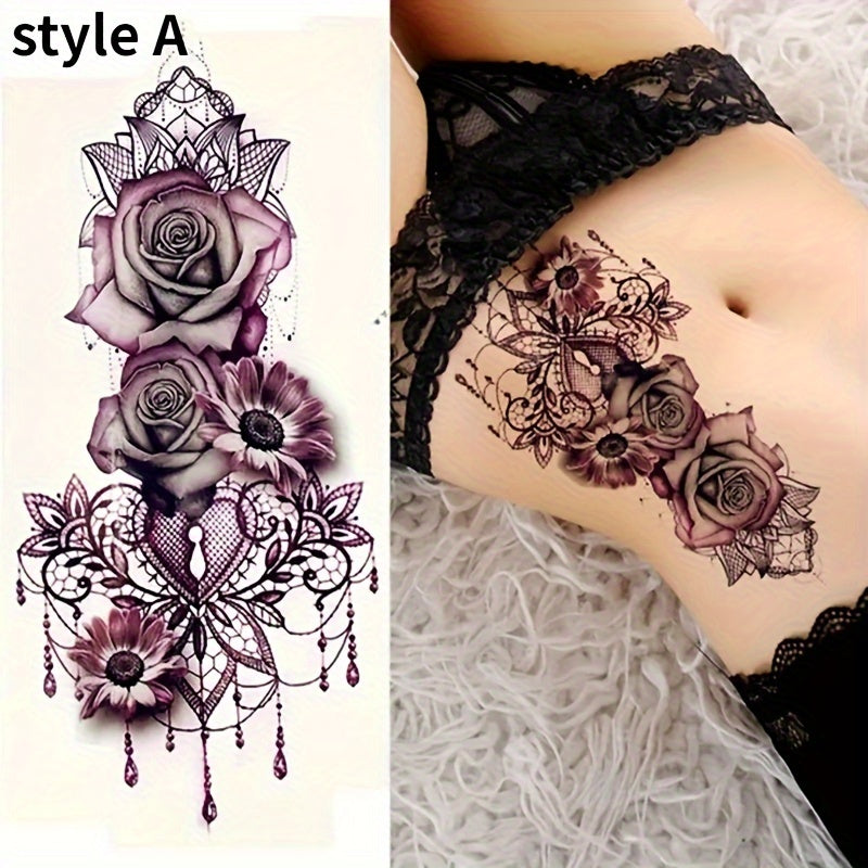 1sheet, Waterproof Long-lasting Tattoo Sticker, Gothic Sexy Rose Flower Pattern Temporary Tattoo, For Men Women Daily Party Supplies Makeup Accessories