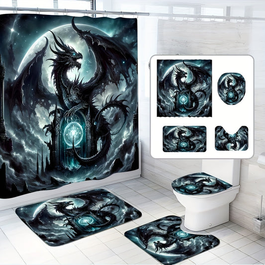 1/4pcs Dragon Printed Shower Curtain Set, Shower Curtain With Hooks, Non-Slip Bath Mat, U-Shaped Toilet Mat, Toilet Mat, Bathroom Decor Accessories