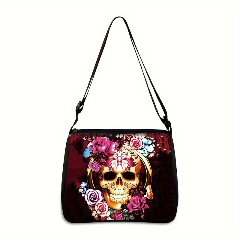 Flower Skull Pattern Shoulder Bag, Halloween Night Handbag, Trendy Crossbody Purse For Women