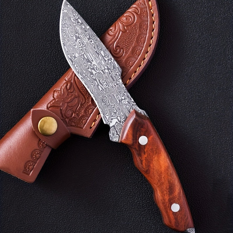 1pc Premium Damascus Steel Survival Knife with Sheath - Ideal for Self-Defense, Fishing, and Outdoor Adventures!