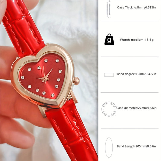 2pcs/set Elegant Rhinestone Heart Quartz Watch Analog PU Leather Wrist Watch & Bracelet, Valentine's Day Gifts For Women Her