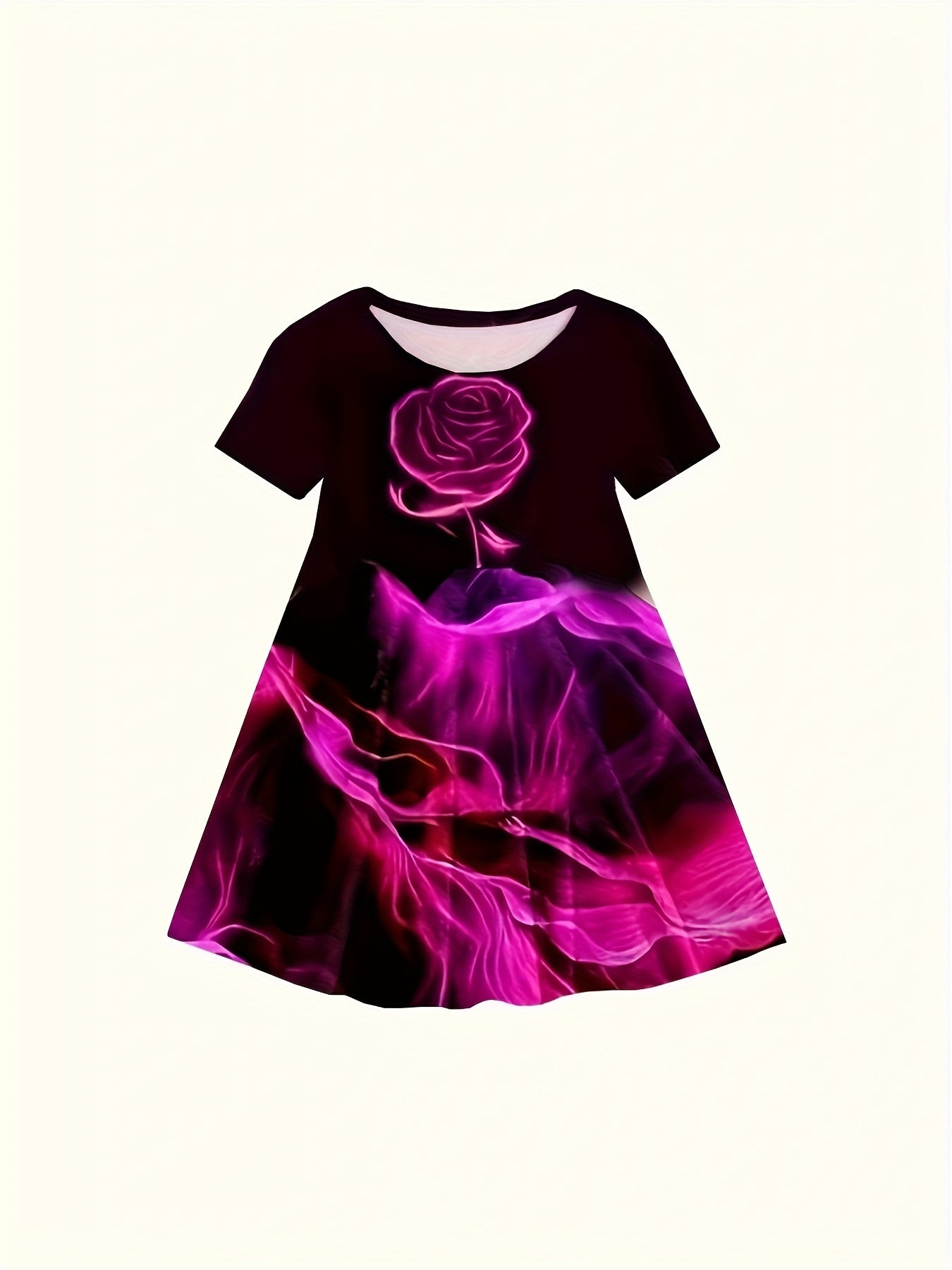 3D Rose Flower Print Crew Neck Short Sleeve Dress For Girls Summer Party Gift