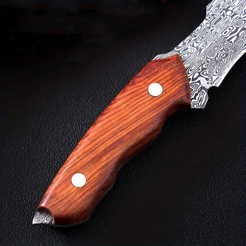 1pc Premium Damascus Steel Survival Knife with Sheath - Ideal for Self-Defense, Fishing, and Outdoor Adventures!