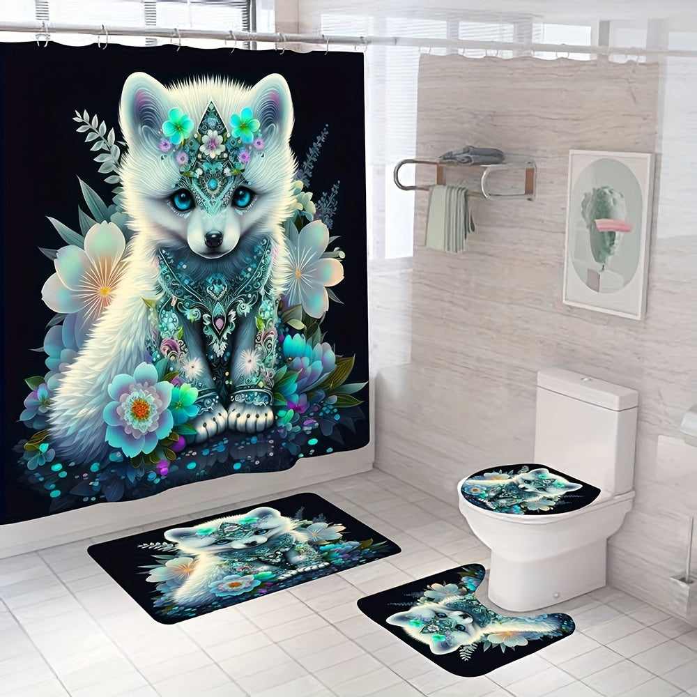 4pcs Beautiful Fox Decoration Shower Curtain Set, Waterproof Shower Curtain With 12 Hooks, Non-Slip Bathroom Rug, Toilet U-Shape Mat, Toilet Lid Cover Pad, Bathroom Decor