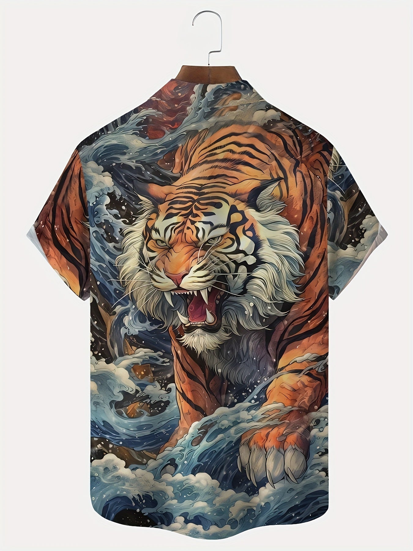 Anime Tiger And Clouds Graphic Print Men's Chic Short Sleeve Button Down Shirt For Summer Holiday