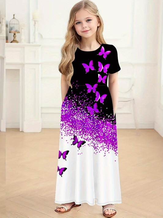 Girls Classy Purple Butterfly Print Side Pockets Short Sleeve Swing Maxi Dress For Vacation Beach Summer