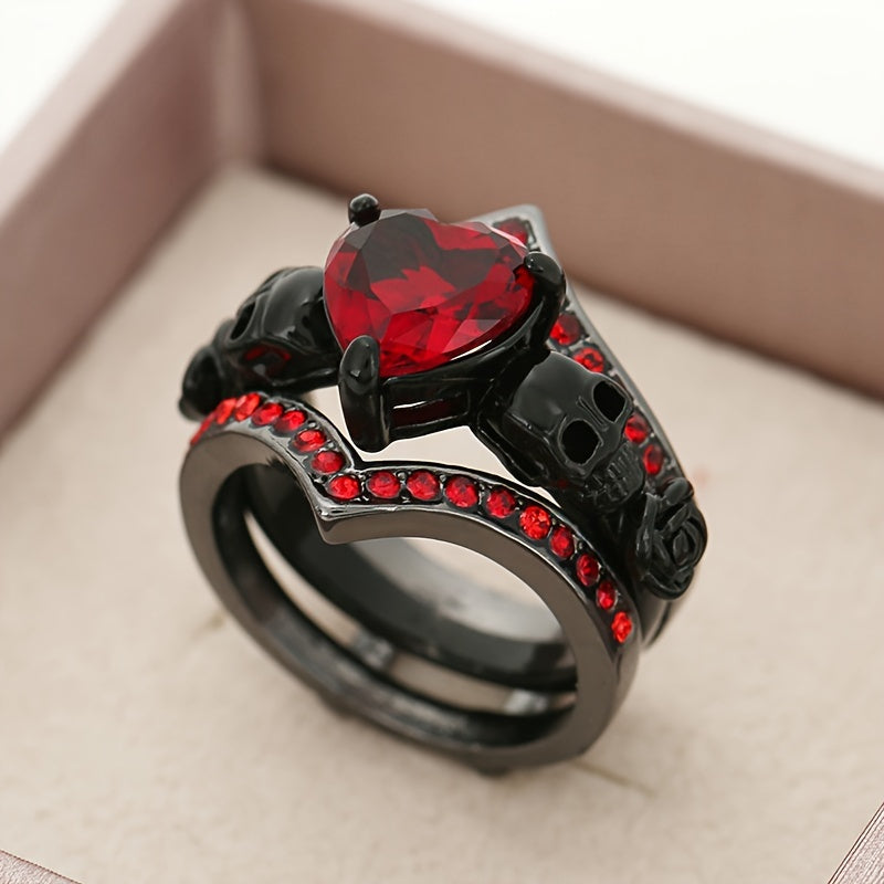 2pcs Gothic Style Skull and Rose Ring with Inlaid Scarlet Zircon - Perfect Halloween Gift for Her