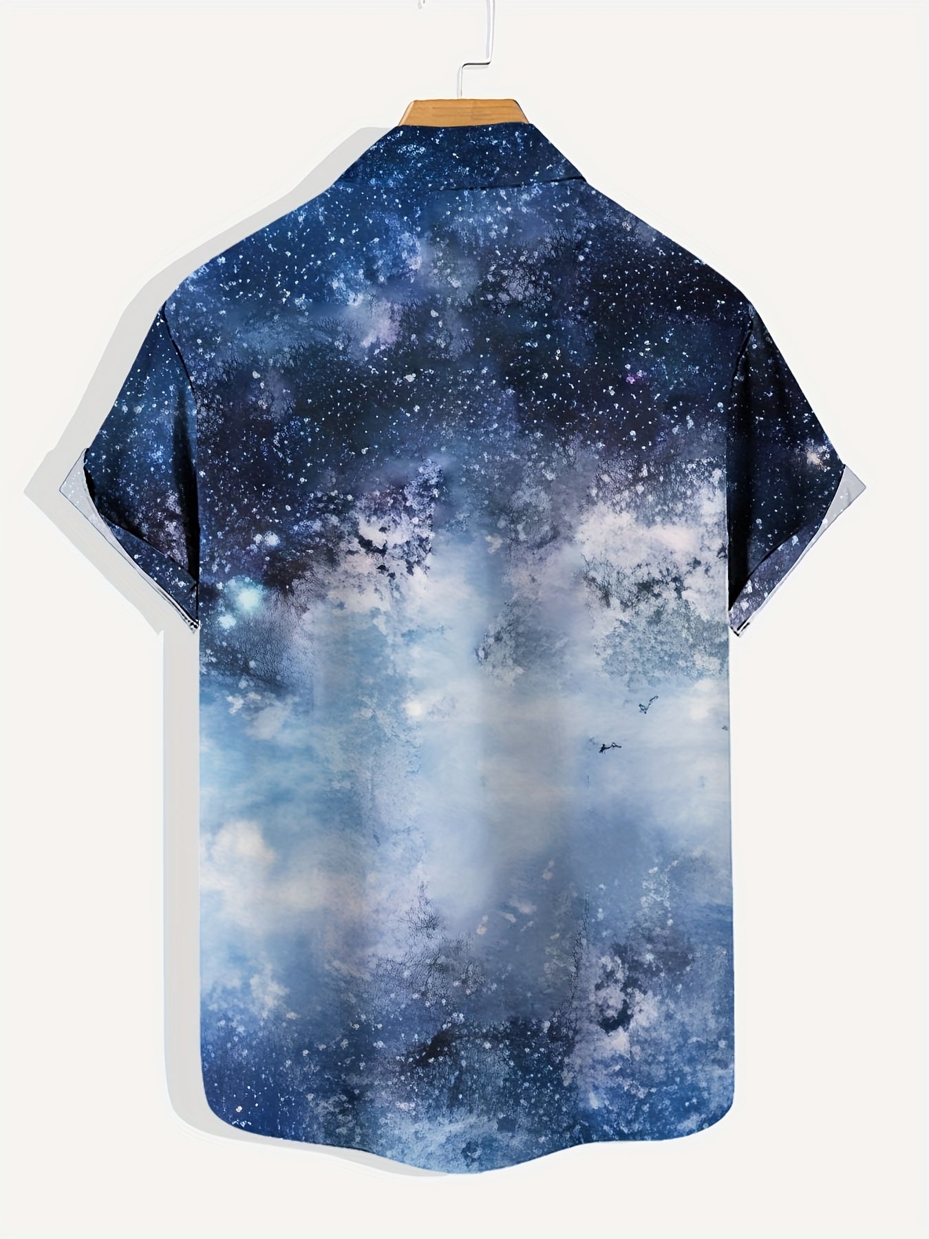 2024 Men's Religious Graphic Pattern And Starry Sky Print Lapel Shirt With Button Down Placket And Short Sleeve, Trendy And Casual Tops For Men, Suitable For Summer Outdoors Wear