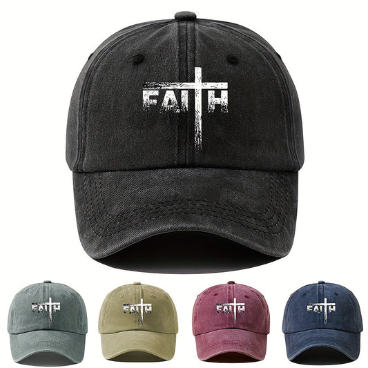 1pc Washed Classic Baseball Cap With Printed Letters FAITH, Suitable For Both Men And Women, Adjustable Baseball Cap For Outdoor Camping Parties