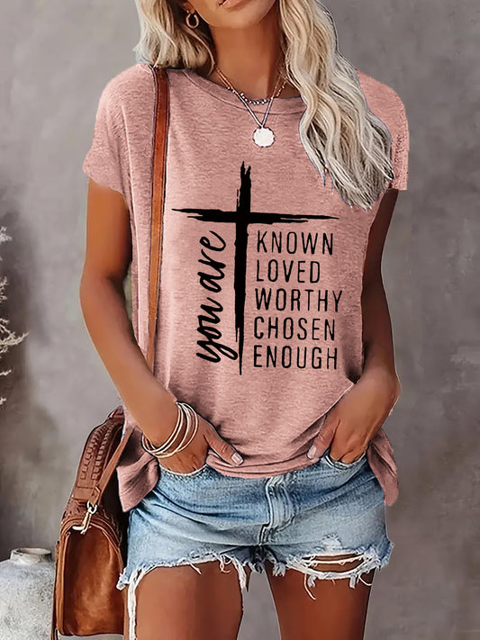 Cross & Letter Print Crew Neck T-shirt, Casual Short Sleeve Top For Spring & Summer, Women's Clothing