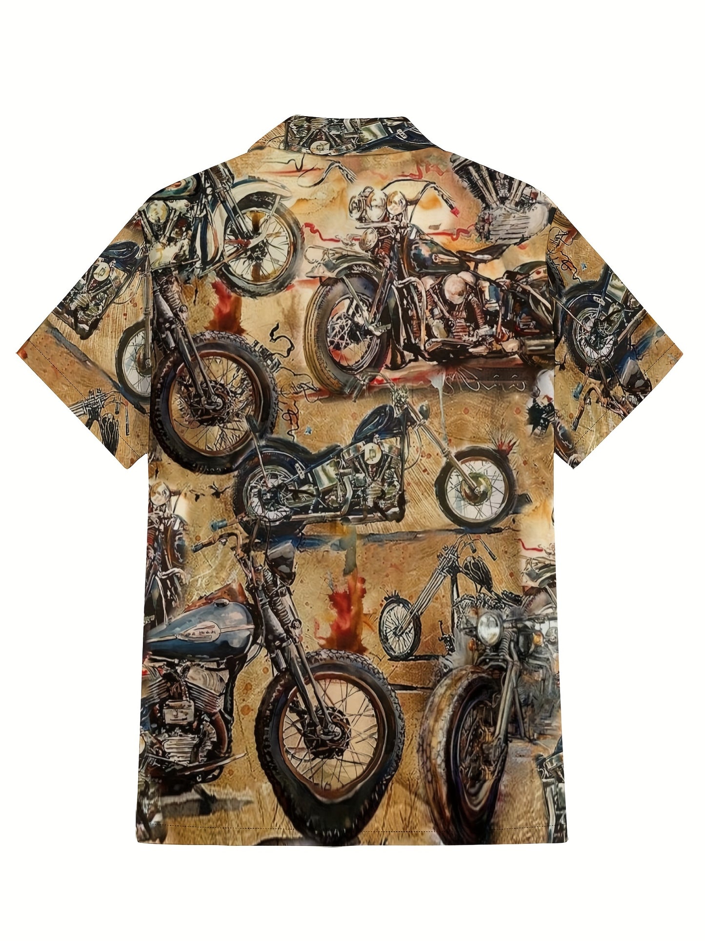 Vintage Motorcycle Pattern Men's Short Sleeve Button Down Shirt, Summer Outdoor Streetwear