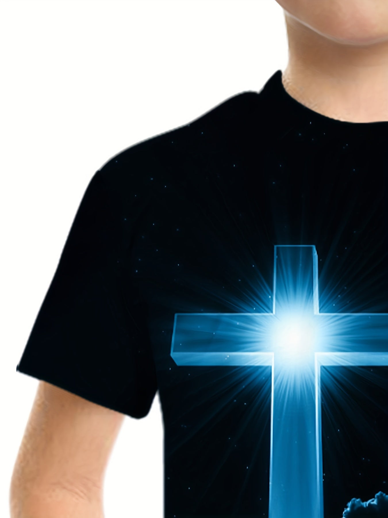 Cross In The Sky 3D Print Crew Neck T-shirt, Short Sleeve Casual Comfy Summer Tee Tops For Boys