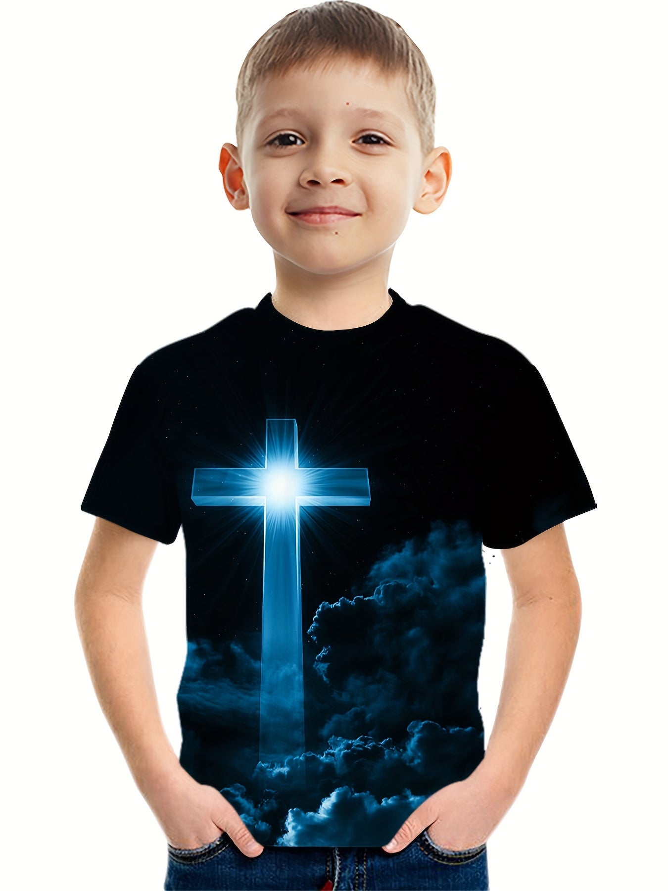 Cross In The Sky 3D Print Crew Neck T-shirt, Short Sleeve Casual Comfy Summer Tee Tops For Boys