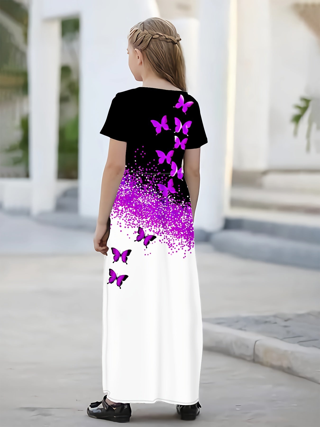 Girls Classy Purple Butterfly Print Side Pockets Short Sleeve Swing Maxi Dress For Vacation Beach Summer