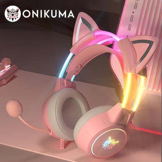 ONIKUMA X15pro, Wired Gaming Headset With Detachable Cat Ears, RGB, Removable Mic, Compatible With PC Mobile, Over-Ear Luminous Wired Gaming Headset