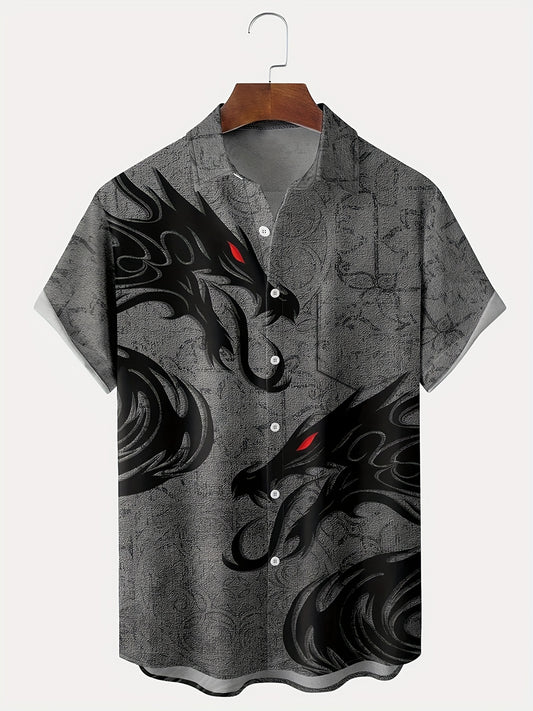 Stylish Dragon Print Men's Casual Short Sleeve Shirt, Men's Shirt For Summer Vacation Resort, Tops For Men, Gift For Men