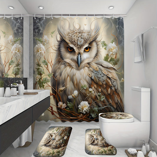 1/4pcs Waterproof Owl Shower Curtain Set with Non-Slip Rug and Accessories - 12 Hooks, U-Shape Mat, Lid Cover Pad - Bathroom Decor and Accessories