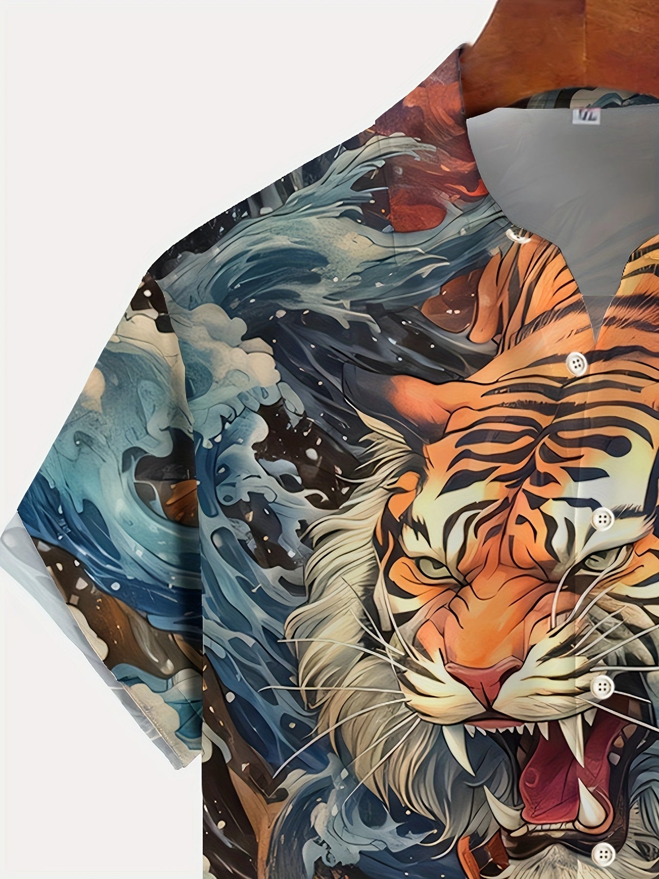 Anime Tiger And Clouds Graphic Print Men's Chic Short Sleeve Button Down Shirt For Summer Holiday