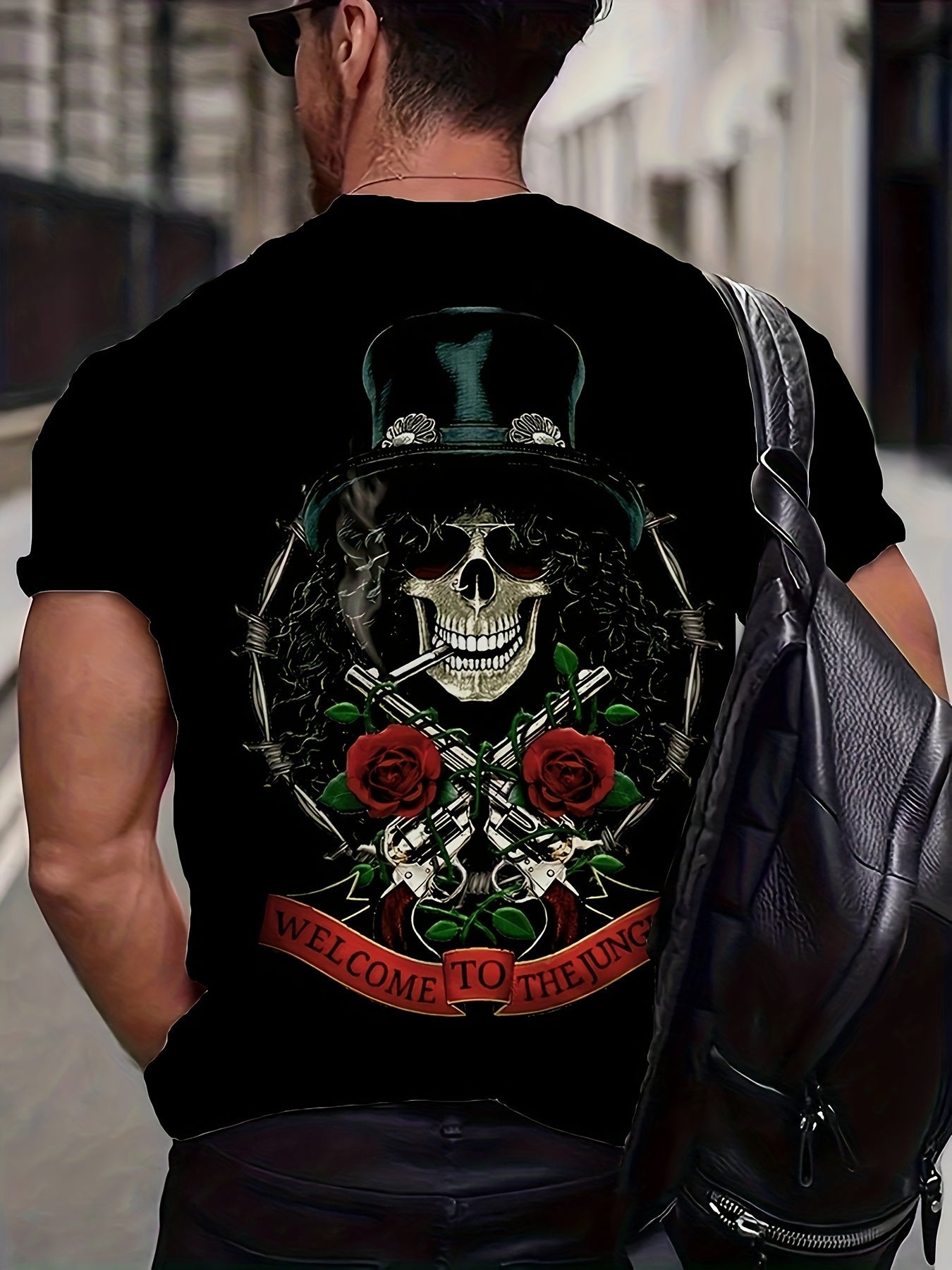 Plus Size, Summer Men's Skull & Rose Graphic Print T-shirt, Street Style Cool Short Sleeve Tees For Big & Tall Males