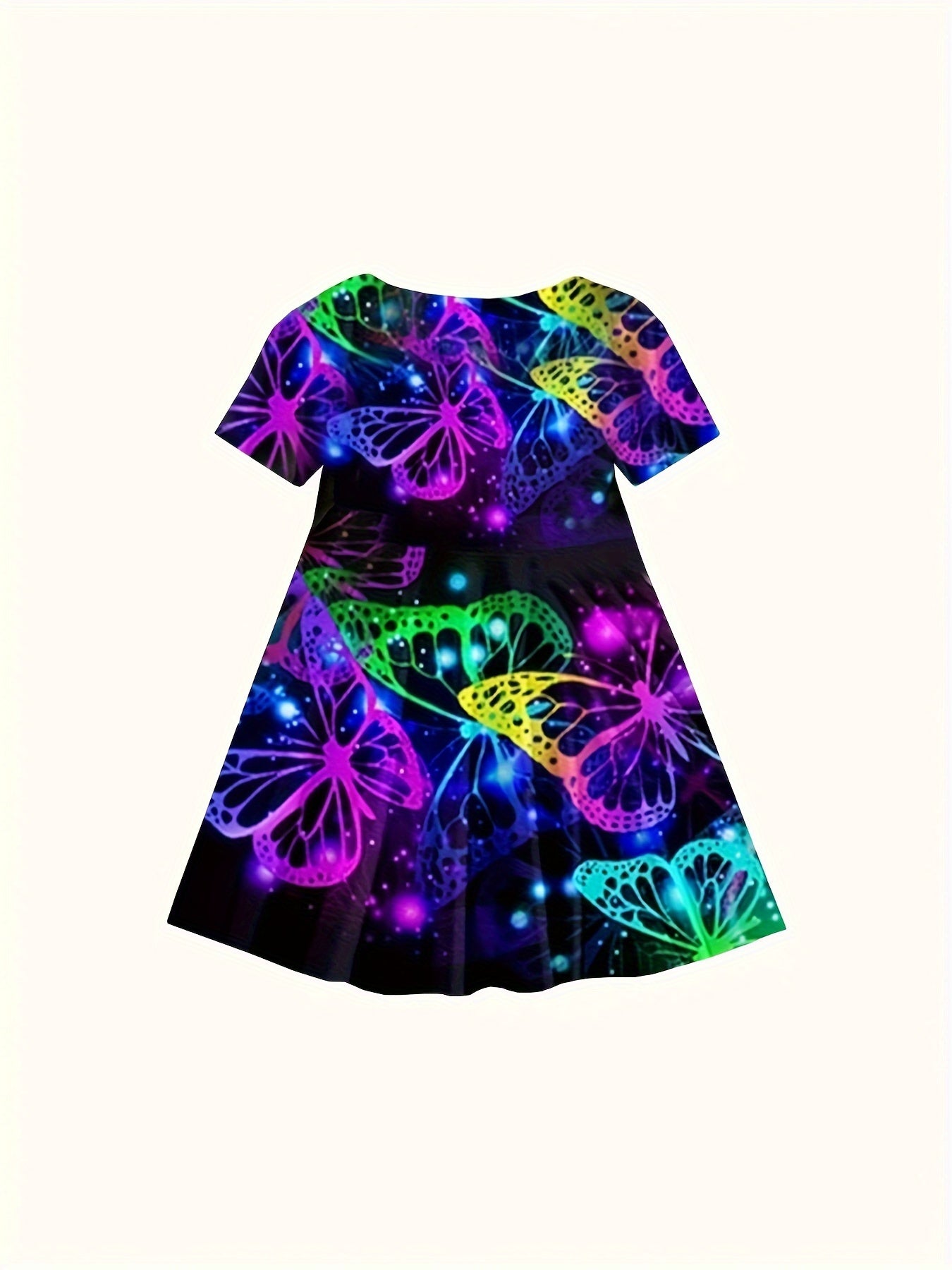 Girls Dreamy 3D Tie Dye Butterfly Print Crew Neck Short Sleeve Dress For Summer Party Gift