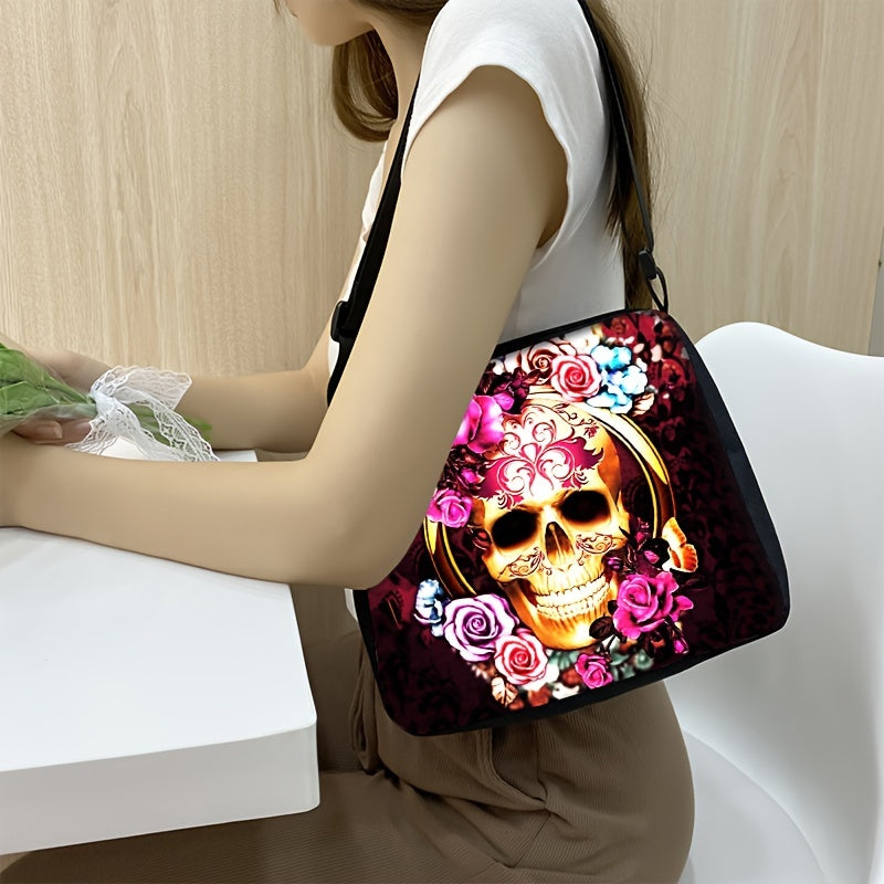 Flower Skull Pattern Shoulder Bag, Halloween Night Handbag, Trendy Crossbody Purse For Women