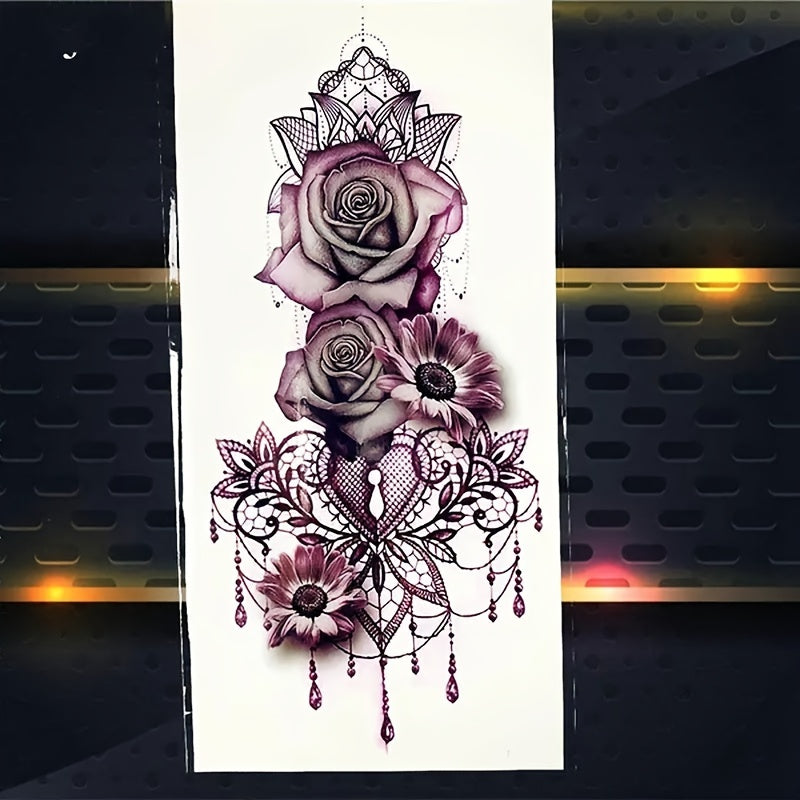 1sheet, Waterproof Long-lasting Tattoo Sticker, Gothic Sexy Rose Flower Pattern Temporary Tattoo, For Men Women Daily Party Supplies Makeup Accessories